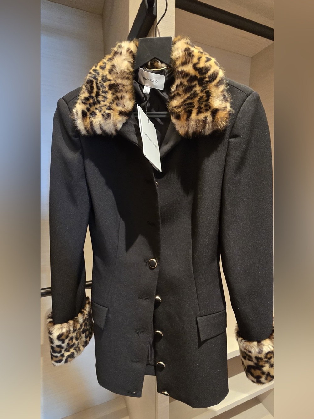 Ronny Kobo Collection Black Coat with Leopard Faux-Fur Trim